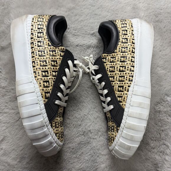 Fendi Black & Beige Raffia \'Forever Fendi\' Sneakers Straw Monogram Mens Size 10 main image 7